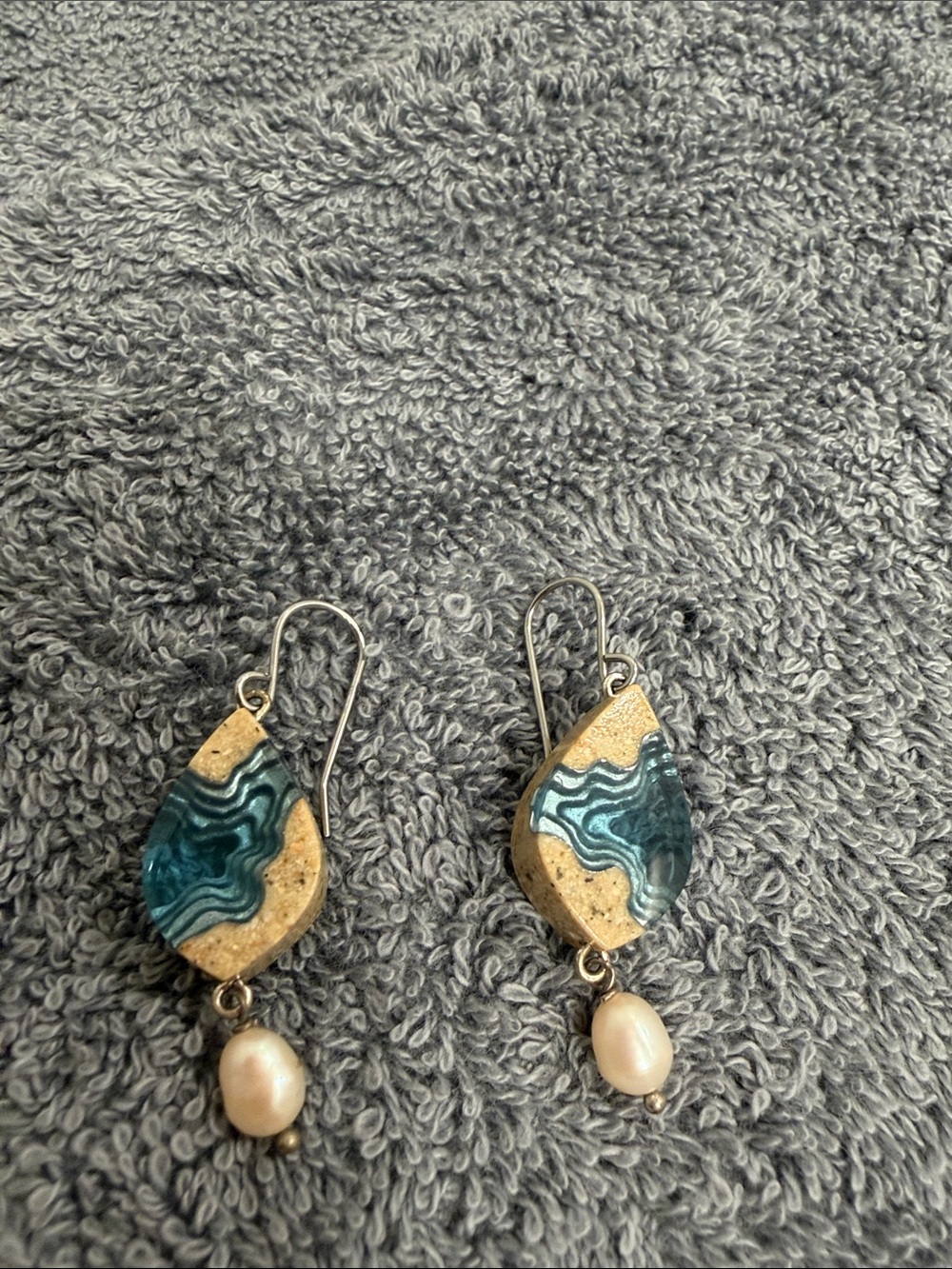Neiman Marcus Sand and Teal Resin Teardrop Earrings with Pearl Drop